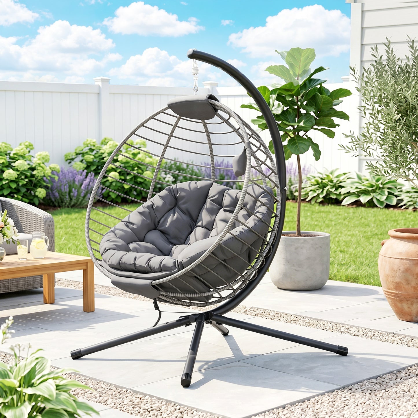 Monaco PE Rattan Swing Chair, Outdoor Hanging Chair with Metal Stand, Thick Padded Cushion