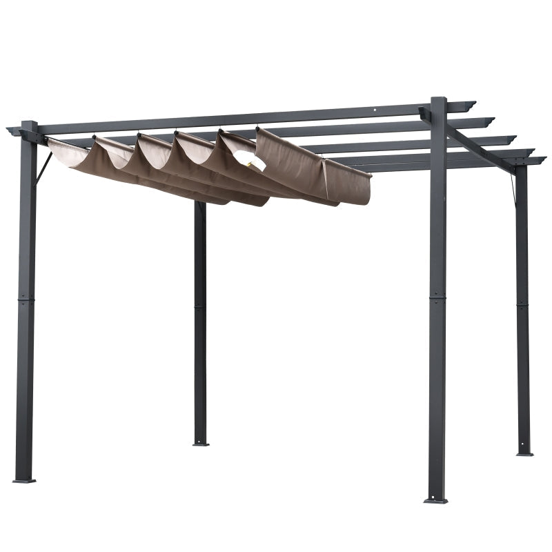 3m x 3m Aluminium Pergola – Brown Retractable Canopy Roof with Pulley System, UV & Water Resistant Garden Shade Shelter with Drainage Grommets