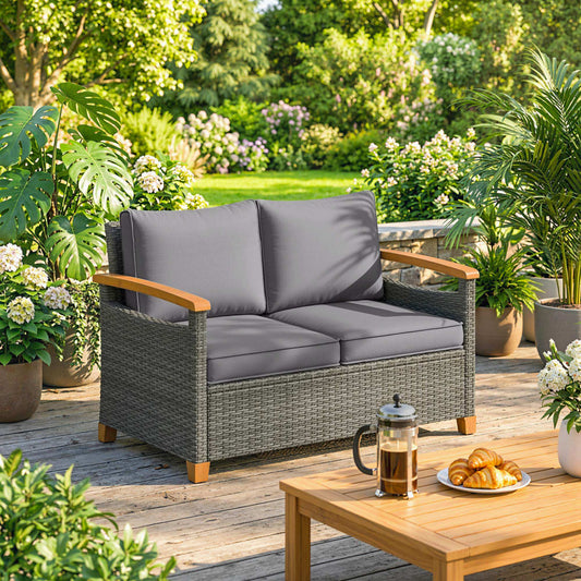 Monaco 2 Seater Rattan Garden Sofa, Garden Sofa with Thickened Cushions and Acacia Wood Armrests, Dark Grey