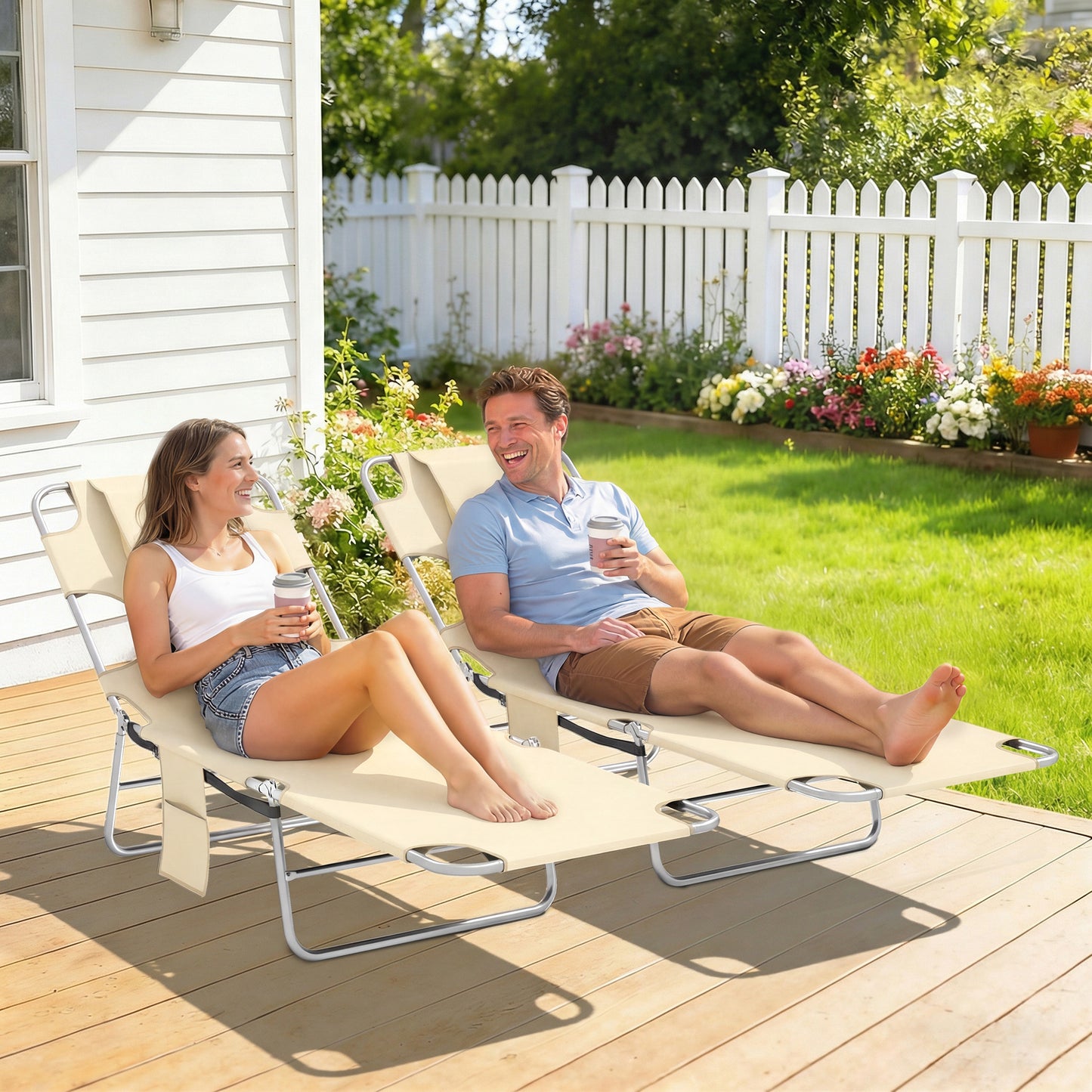 Capri 5-Position Adjustable Sun Loungers Set of 2 with Reading Hole and Side Pocket, Beige