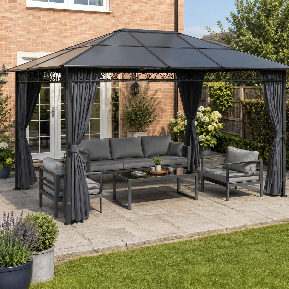 3m x 4m Hardtop Gazebo with 6mm Polycarbonate Roof, Aluminium Permanent Garden Pavilion with Curtains, Dark Grey Outdoor Patio Canopy for Sun, Rain...