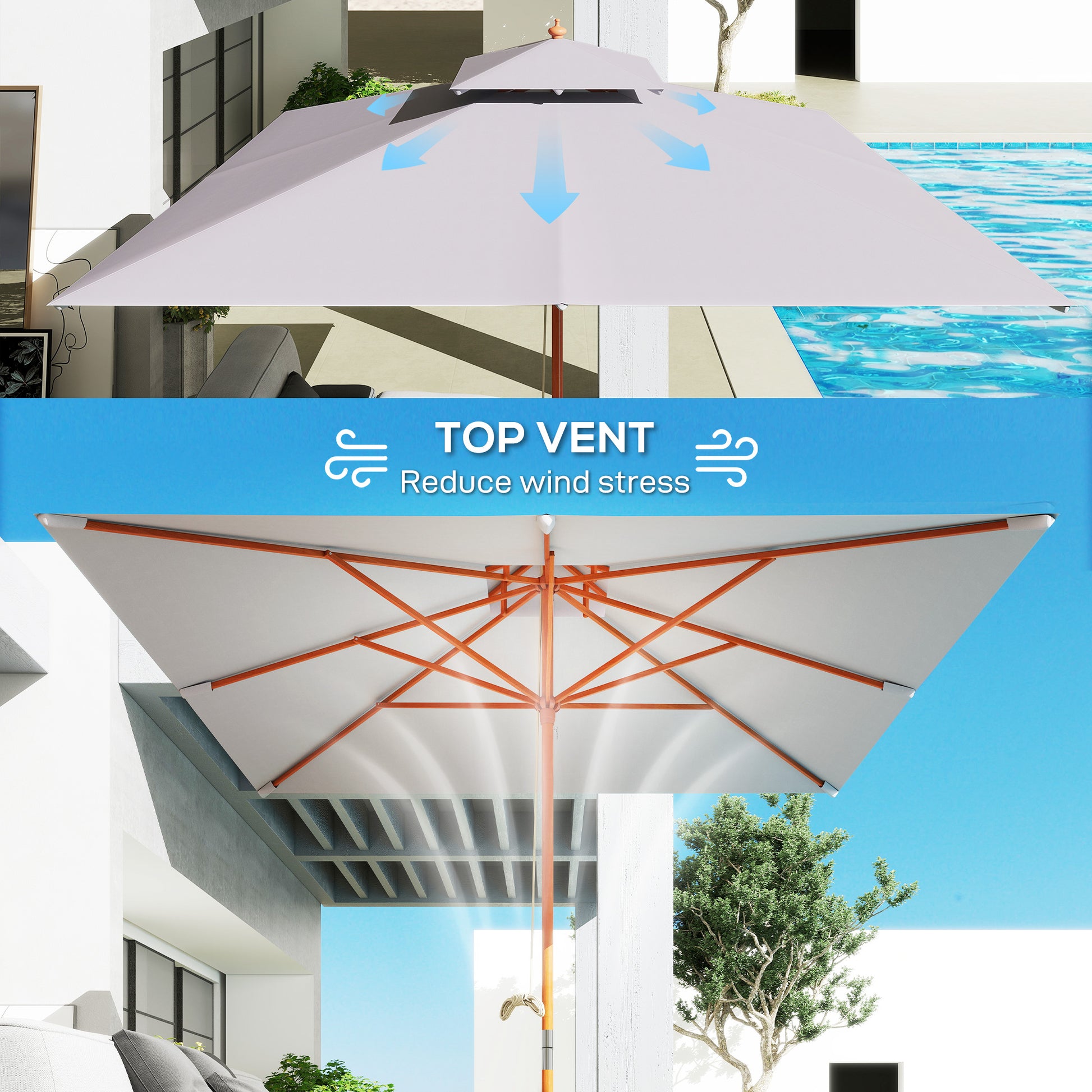 Outsunny 3 x 3m Garden Parasol with Double-Tier Canopy, Large UV Resistant Patio Umbrella for Sun Shade, Garden Dining & Outdoor Seating, Grey