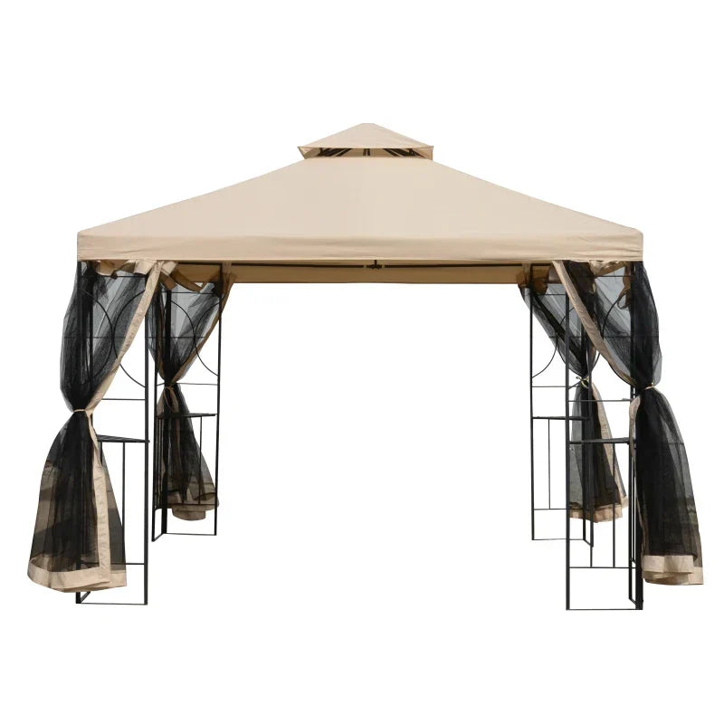Beige 3m x 3m Hardtop Gazebo – Double Tier Roof Garden Shelter with Net Curtains and Storage Trays