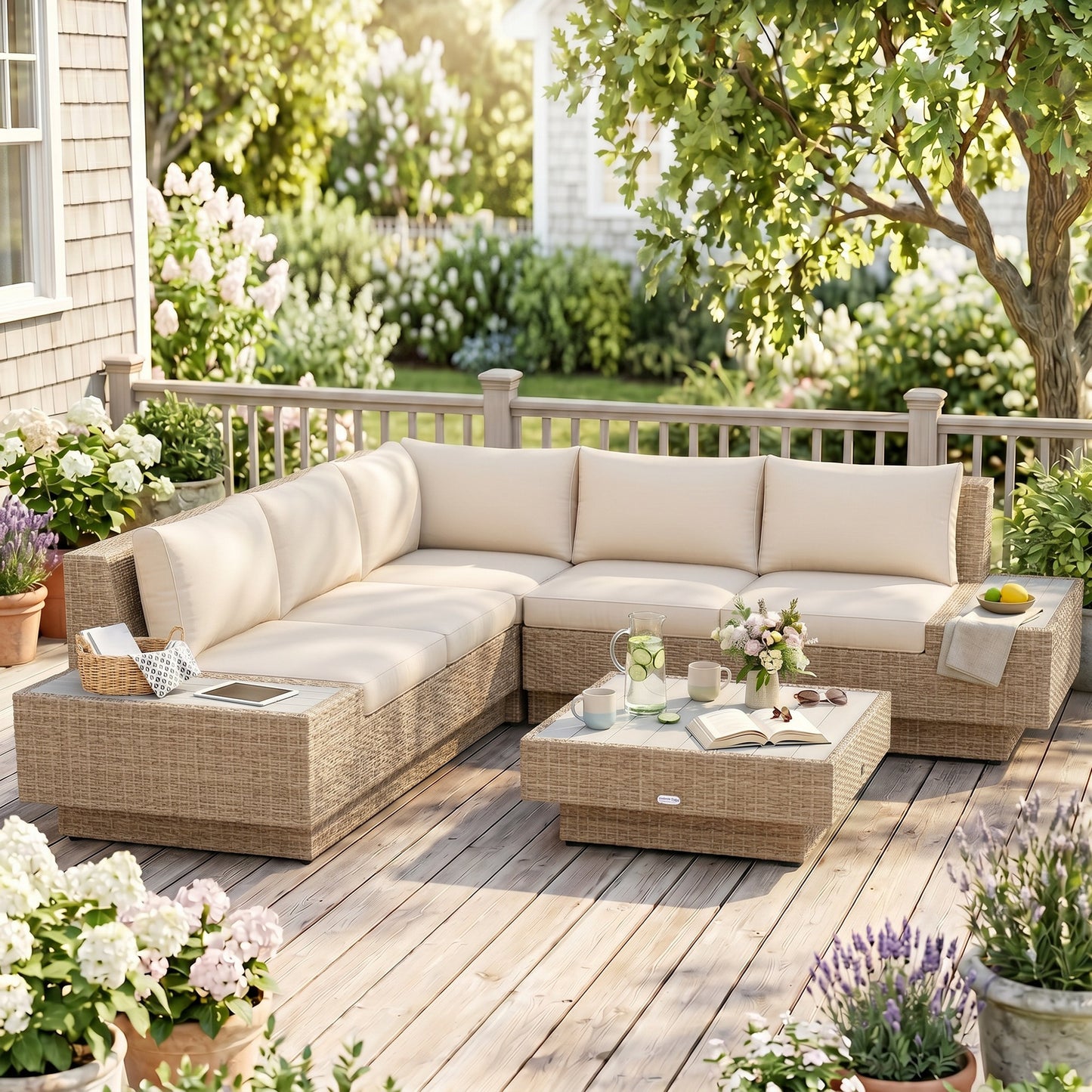 Outsunny 4 Pieces Rattan Garden Furniture Set, Garden Corner Sofa with Side Trays, Wicker Conservatory Furniture Set with Loveseats, Slatted Plastic Top Coffee Table and Cushions, Beige
