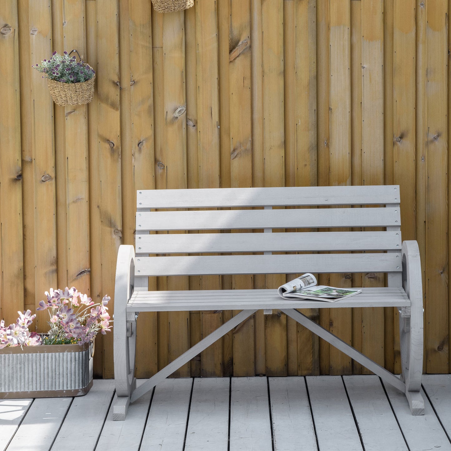 Portofino Wooden Cart Wagon Wheel 2 Seater Garden Bench Garden Armrest Chair Rustic High Back Loveseat Grey
