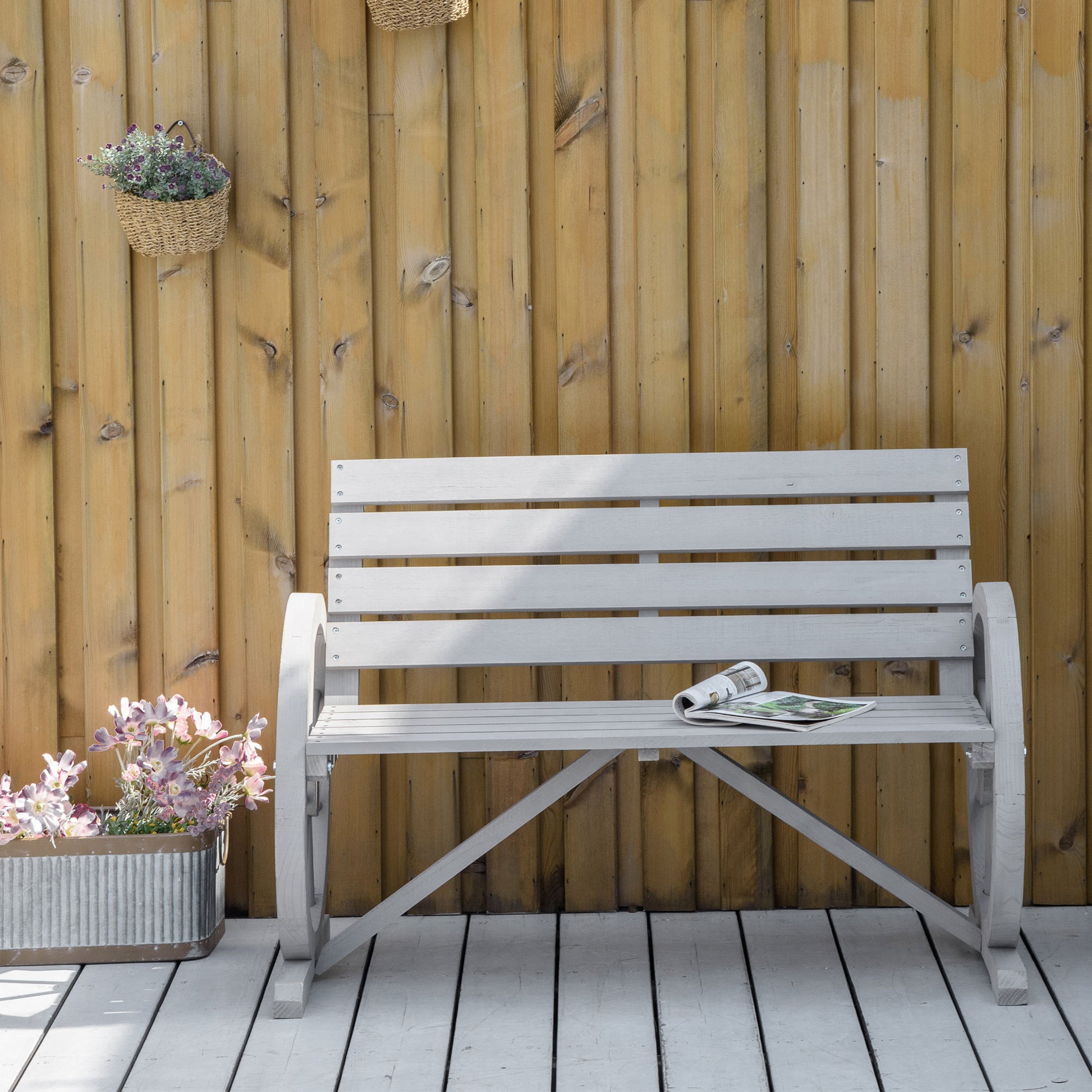 Portofino Wooden Cart Wagon Wheel 2 Seater Garden Bench Garden Armrest Chair Rustic High Back Loveseat Grey