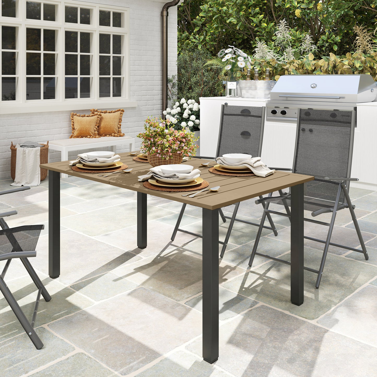 Marbella Garden Dining Table for 6 with Parasol Hole, Rectangle Garden Table with Slatted Metal Top, Steel Frame