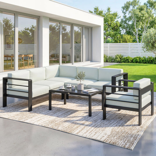 Verona 5-Piece Garden Corner Sofa Set with Cushions, 6 Seater Aluminium Garden Furniture Set with Coffee Table