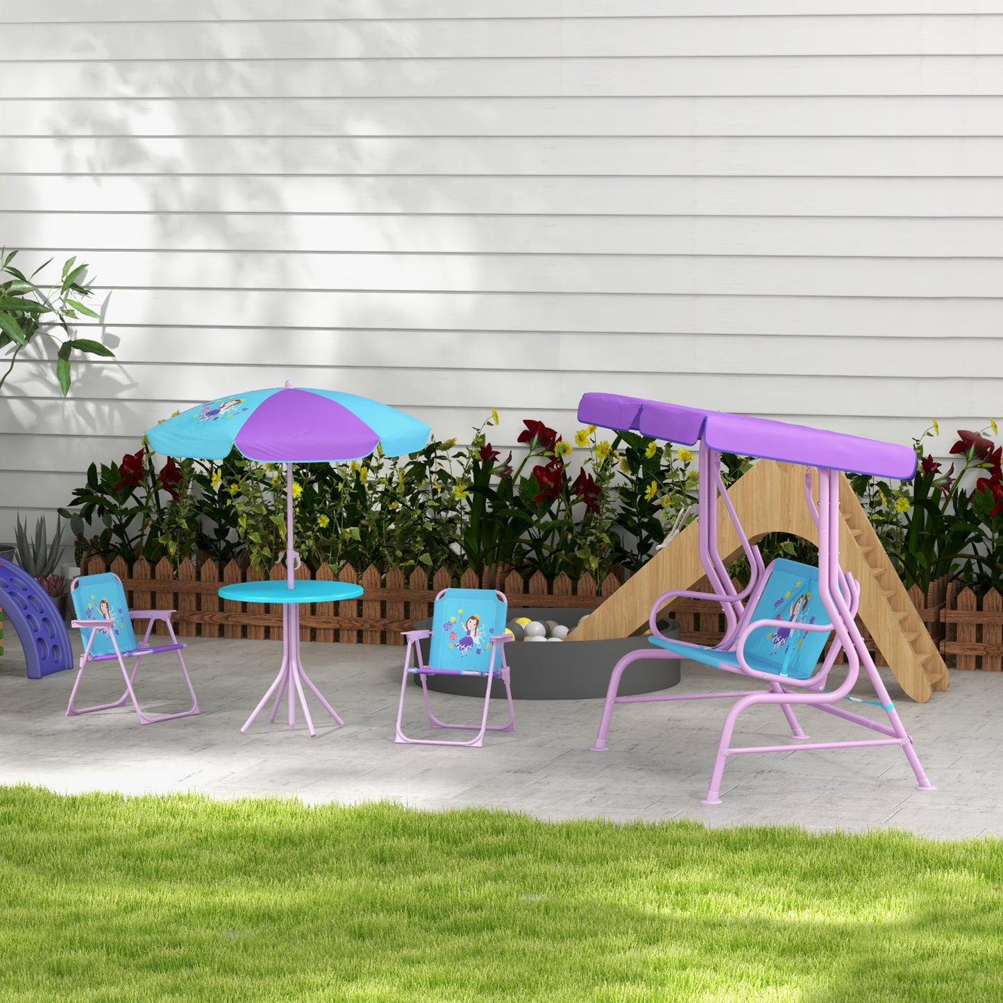 4PCs Kids Garden Furniture Set w/ 2 Seater Garden Swing Chair with Adjustable Canopy