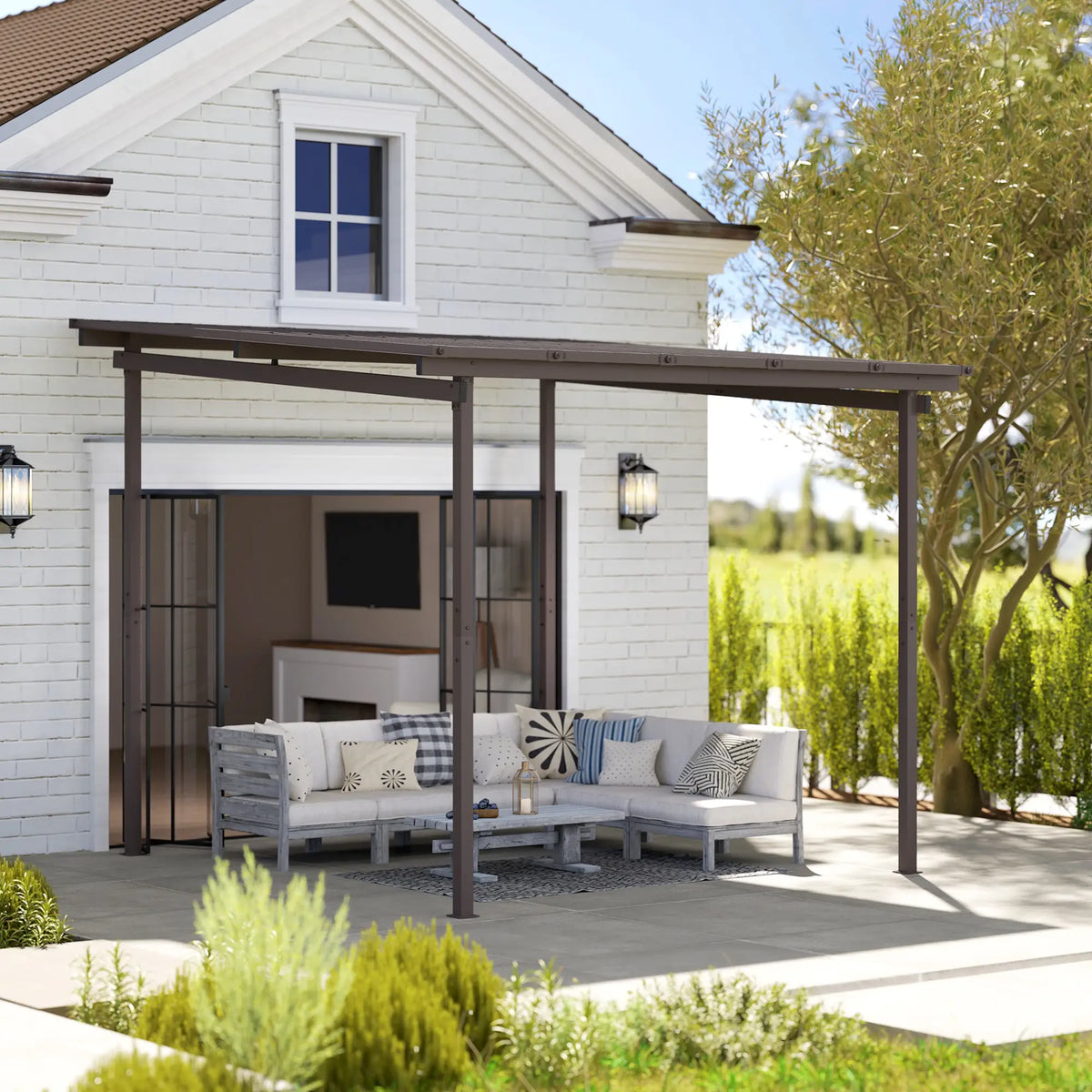 3m x 3m Lean – To Metal Pergola – Brown Wall Mounted Outdoor Patio Shade Shelter