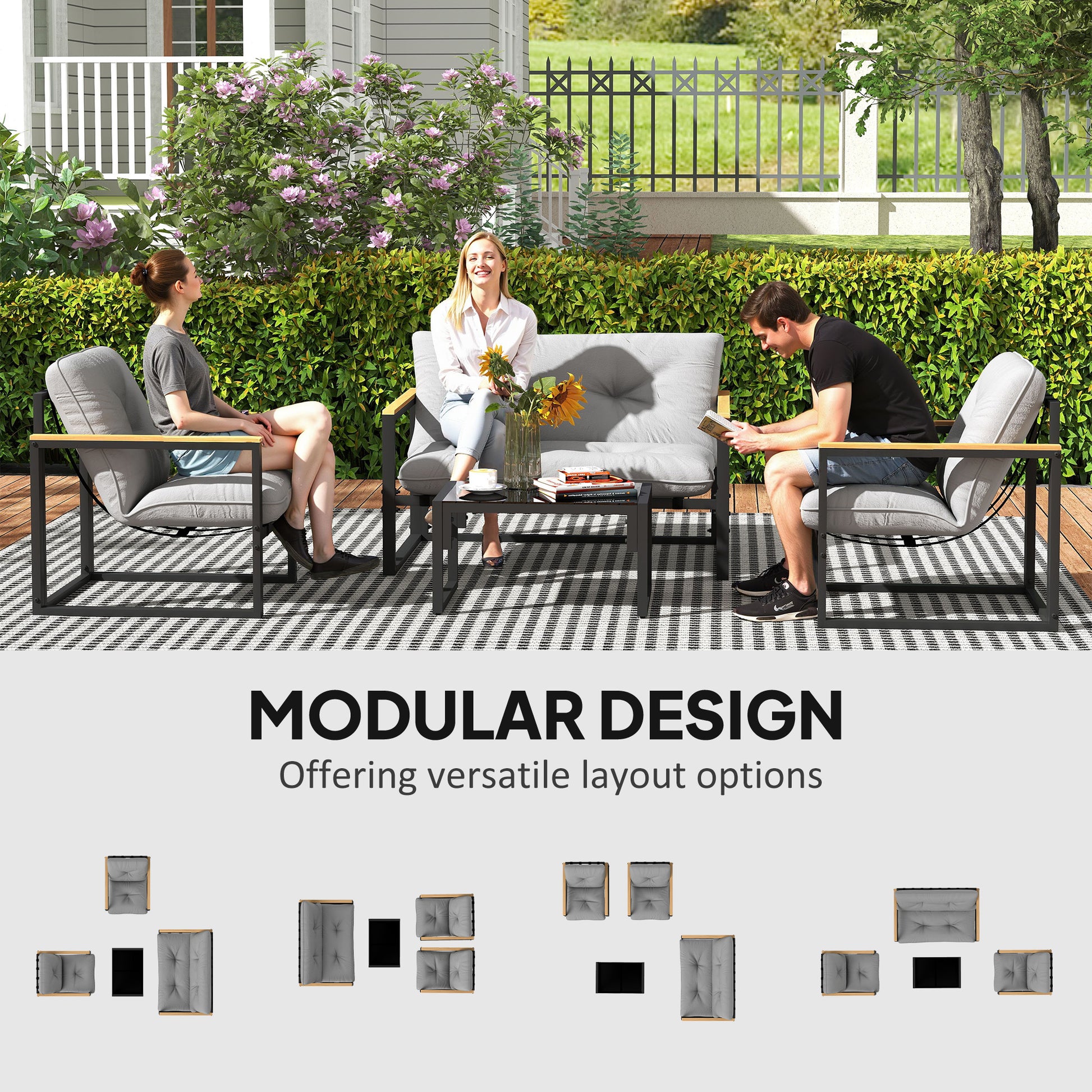 Outsunny Garden Furniture Set, 4 Piece Indoor Outdoor Conservatory with Loveseat Sofa, Armchairs, Glass Top Coffee Table, Cushions for Balcony, Poolside, Patio, Light Grey