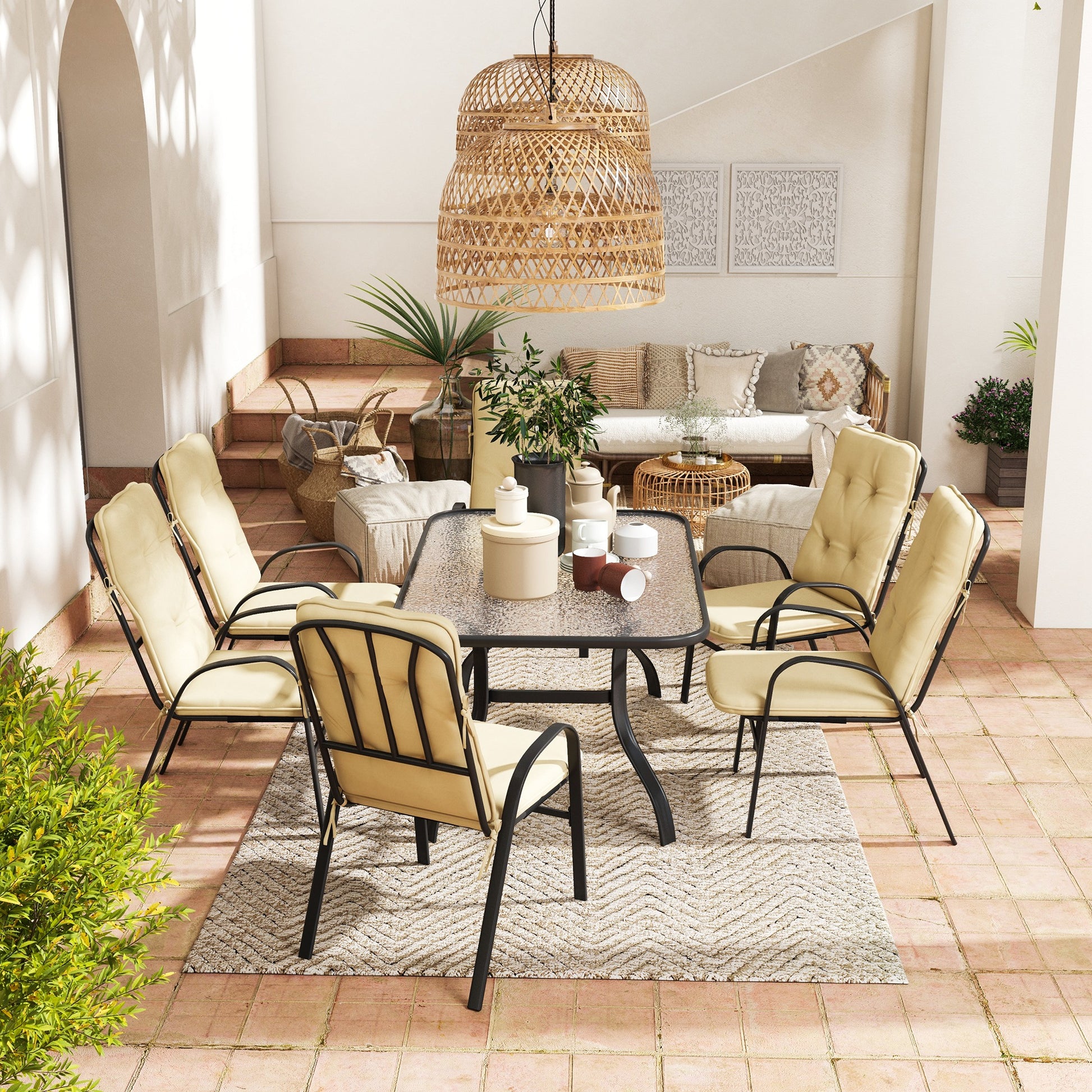 Outsunny Seven-Piece Garden Dining Set with Ripple Tempered Glass Tabletop and Full-size Cushions - Beige