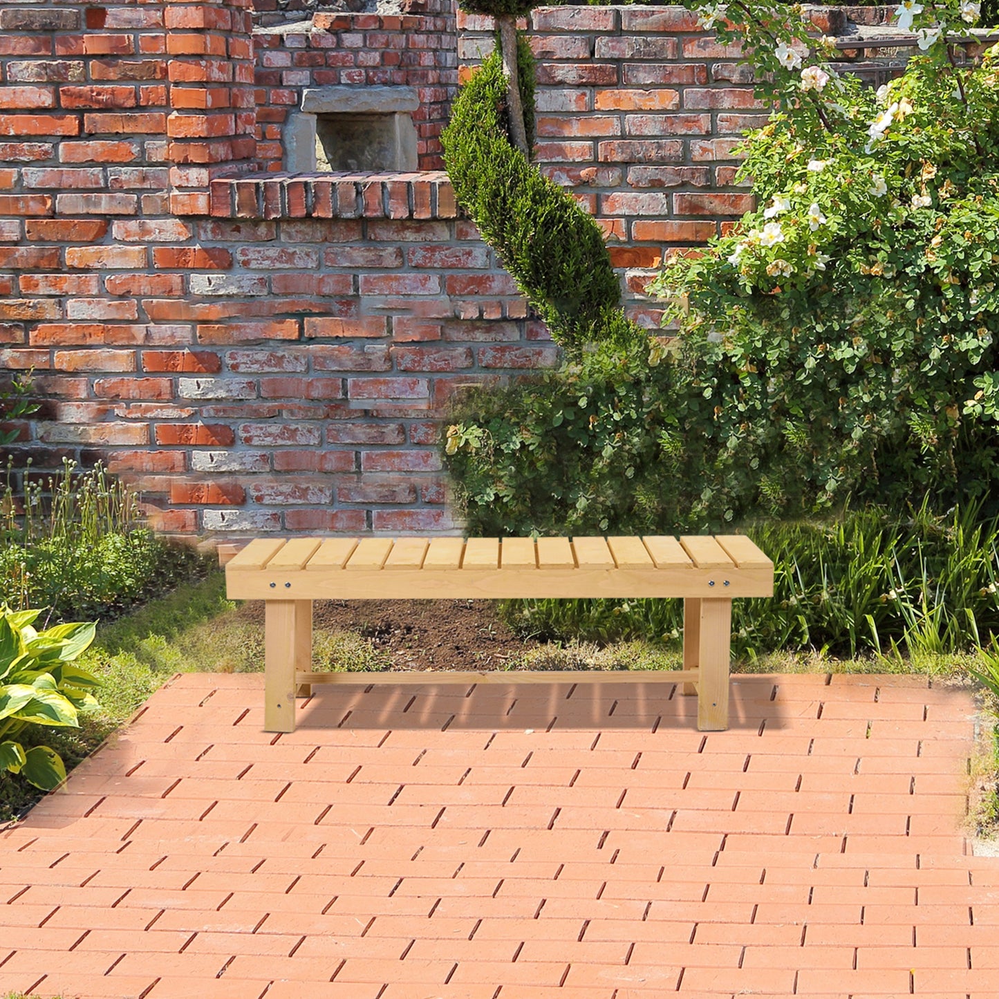 Outsunny Wooden Garden Benches, 2 Seater Outdoor Benches, Fir Wood Backless Patio Loveseat with Slatted Seat for Park, 110 x 38 x 35 cm, 3 Pieces, Natural Wood Finish