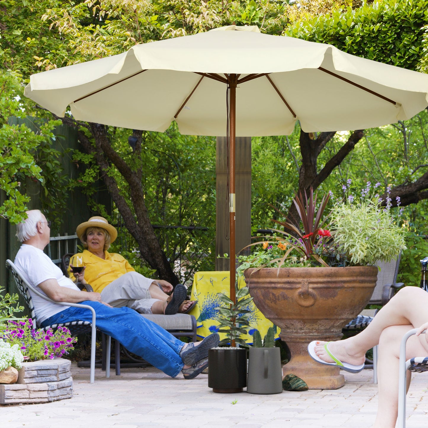 3.3(m) Patio Umbrella, Garden Parasol, Outdoor Sun Shade Canopy with 8 Bamboo Ribs, Ruffles and Wood Pole