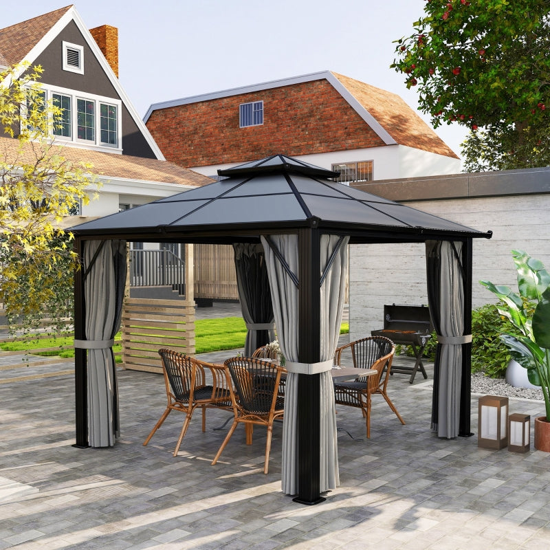 Grey 3m x 3m Permanent Hardtop Gazebo with UPF30+ Polycarbonate Roof, Aluminium Frame, Curtains & Mosquito Netting