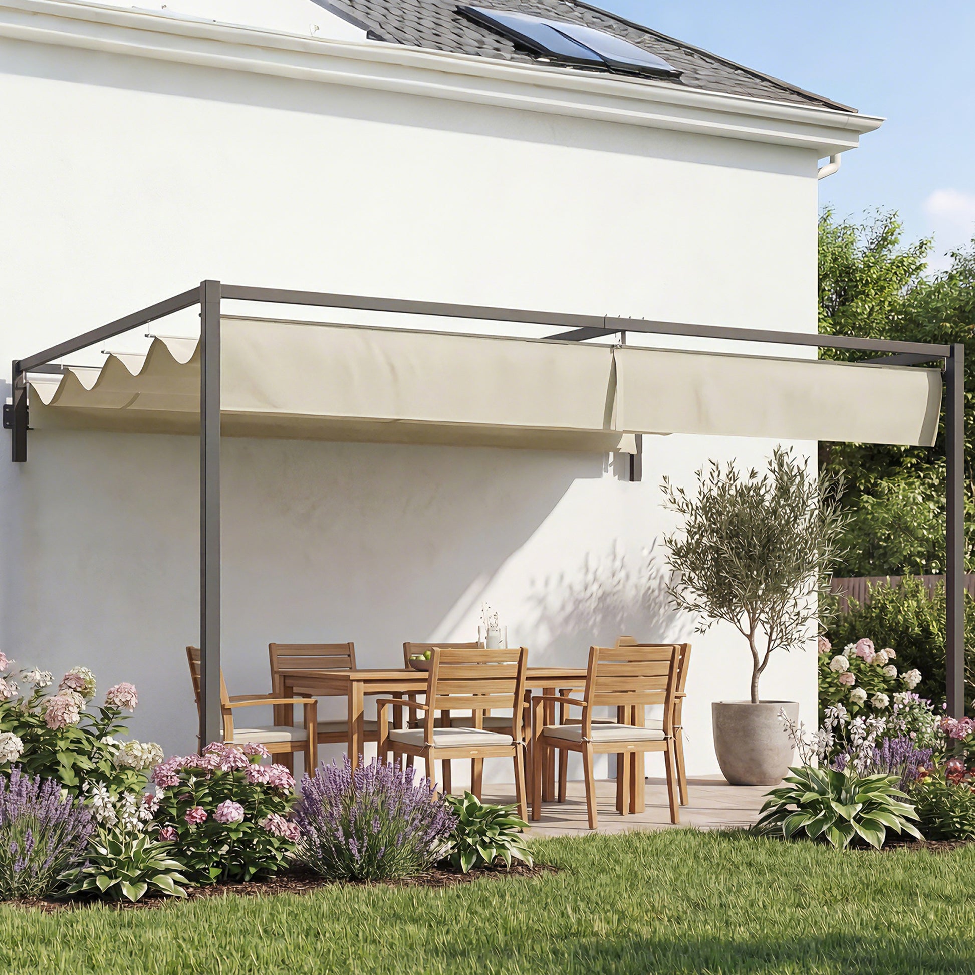 3 x 4m Steel Pergola, with Retractable Canopy - Khaki