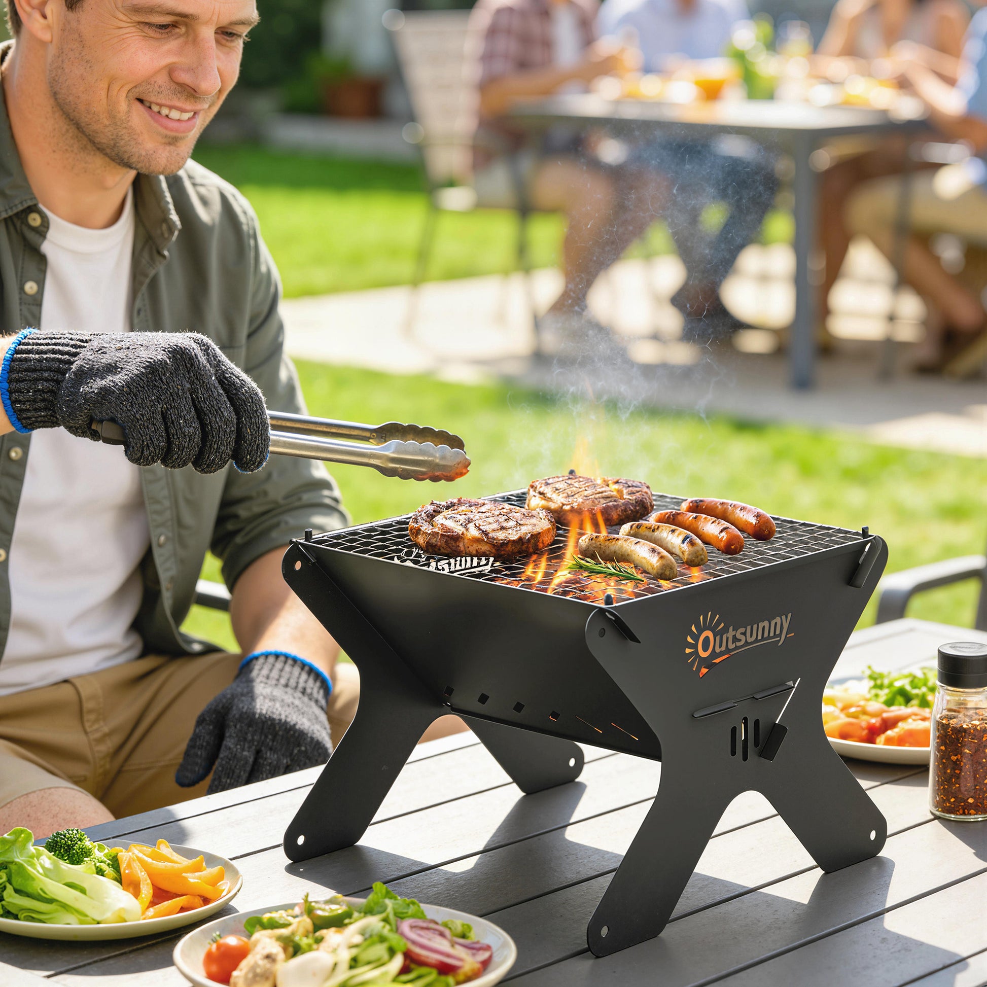 2-In-1 Portable BBQ and Camping Fire Pit, Tabletop Charcoal Barbecue Grill with Gripper, Gloves and Carry Bag