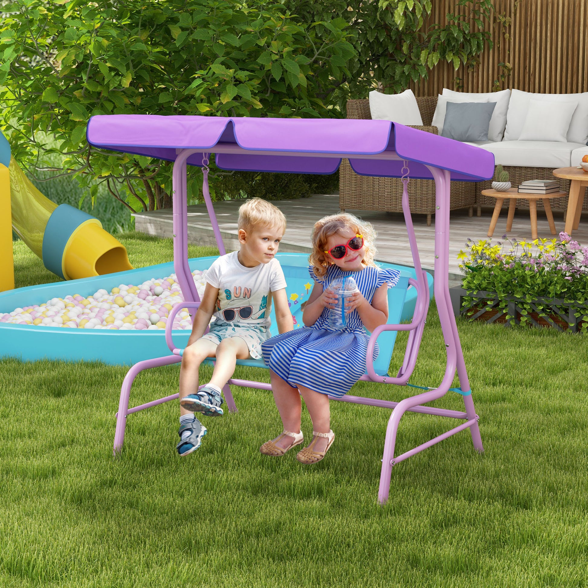 Capri Two Seater Kids Garden Swing, Fairy Themed kids Swing Chair with Adjustable Canopy, Safety Belts Use