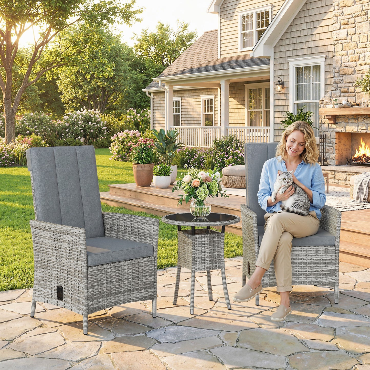 Mediterraneo Rattan Bistro Set, Reclining Garden Chairs and Glass Coffee Table with Cushions, Light Grey