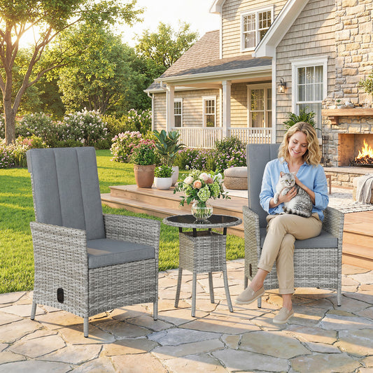 Mediterraneo Rattan Bistro Set, Reclining Garden Chairs and Glass Coffee Table with Cushions, Light Grey
