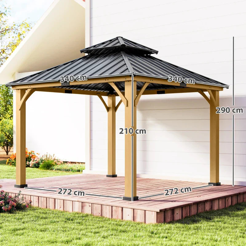 3.5m x 3.5m Wooden Hardtop Gazebo with Two Tier Black Metal Roof – Garden Pavilion Shelter