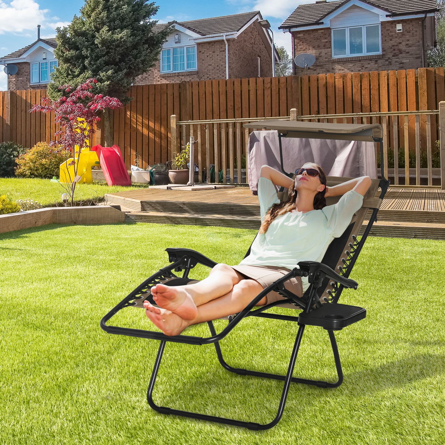 Zero Gravity Lounger Chair, Folding Reclining Patio Chair with Shade Cover, Padded Seat, Cup Holder, Soft Cushion and Headrest for Poolside,