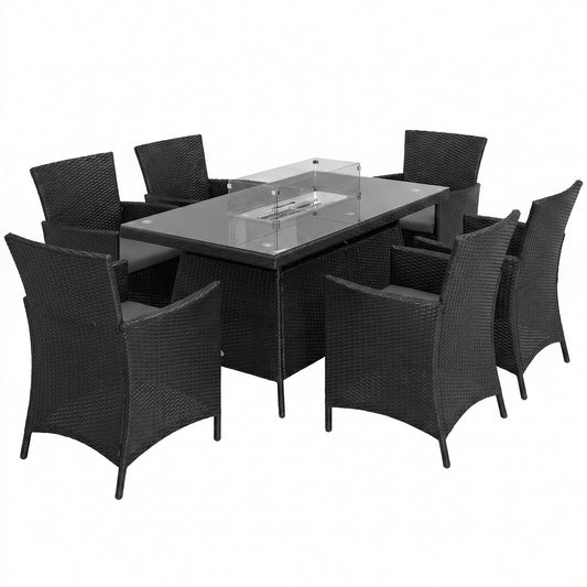 Outsunny 7 Pieces Outdoor Rattan Garden Furniture with Fire Pit Table, 6 Seater Garden Table and Chairs with Cushions, Rattan Dining Set with Propane Heater Table, Windscreen, 50,000 BTU, Black