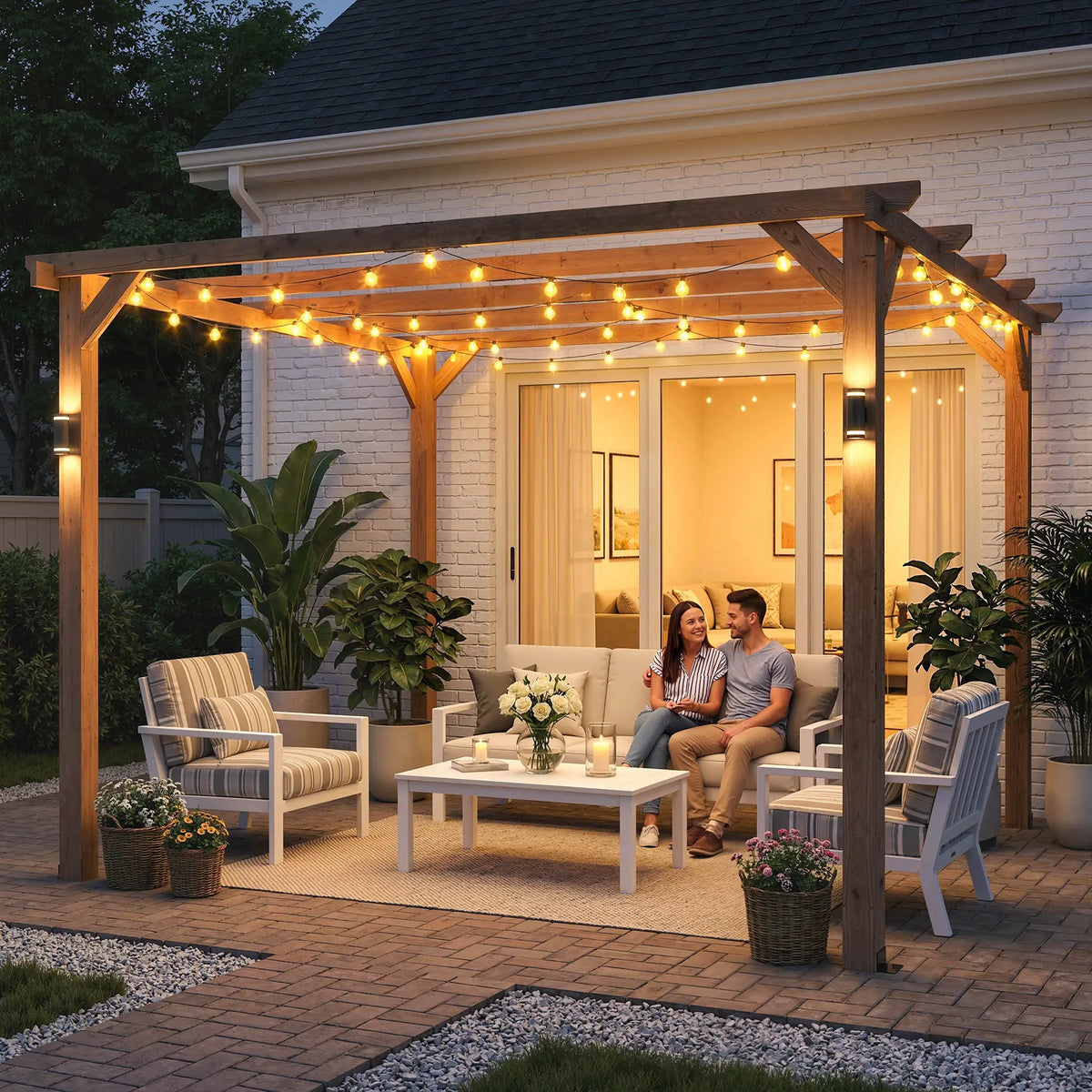 3x3m Wooden Pergola Kit with Triangle Supports – Garden Gazebo Grape Trellis Frame, 5 – Beam Maple Wood – Effect Design