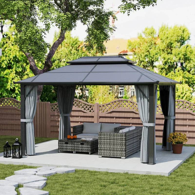 4m x 3m Grey Aluminium Hardtop Gazebo Pavilion – UPF30+ Polycarbonate Roof Outdoor Garden Shelter with Privacy Curtains & Insect Netting