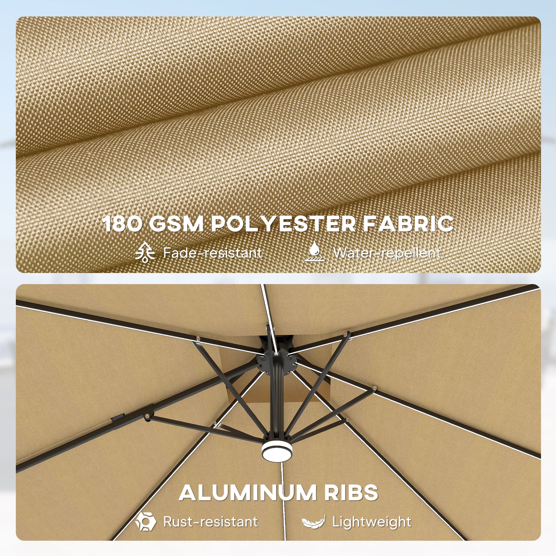 Outsunny 2.5m Cantilever Parasol with Solar Powered LED Lights, 360° Rotation, Tilt Adjustment, Crank Handle, Khaki