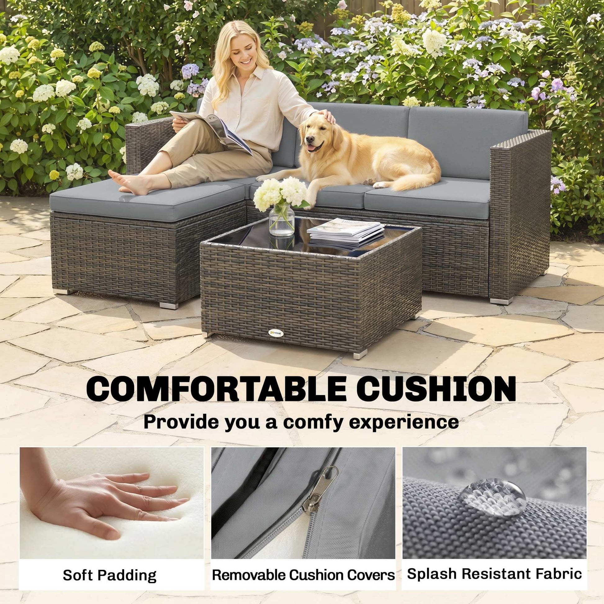 Outsunny 3 Pieces Garden Furniture Set w/ Cushions, PE Rattan Wicker Conversation Corner Sofa Set, Light Grey