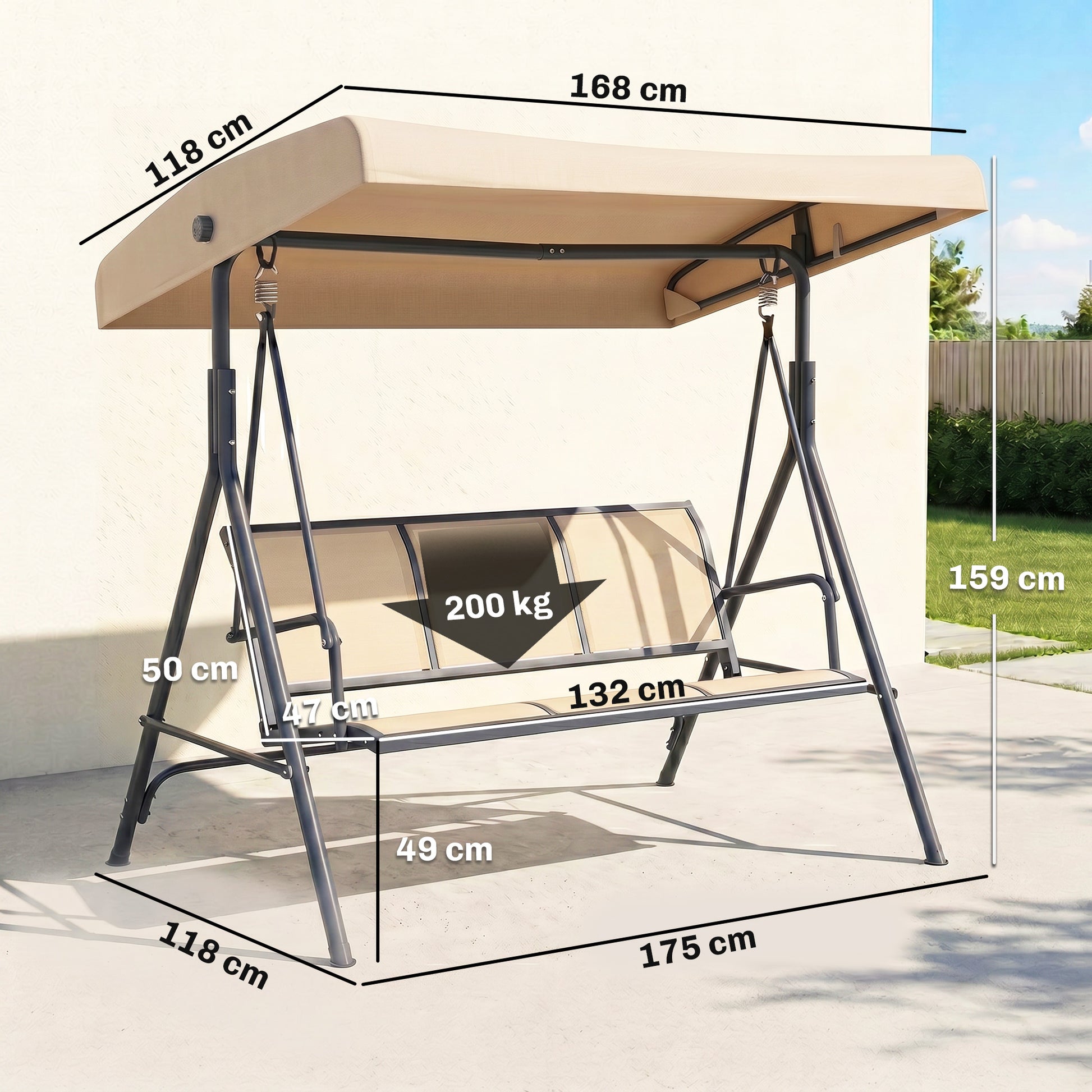 Outsunny 3 Seater Swing Chair, Garden Swing Bench with Adjustable Tilting Canopy, Breathable Mesh Seat and Heavy Duty Steel Frame for Patio, Yard, Beige