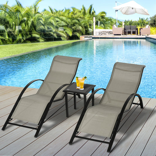 Verona 3 Piece Sun Lounger Chair Set, Metal Frame Garden Outdoor Sunbathing Chair with Side Table and Armrest, Grey