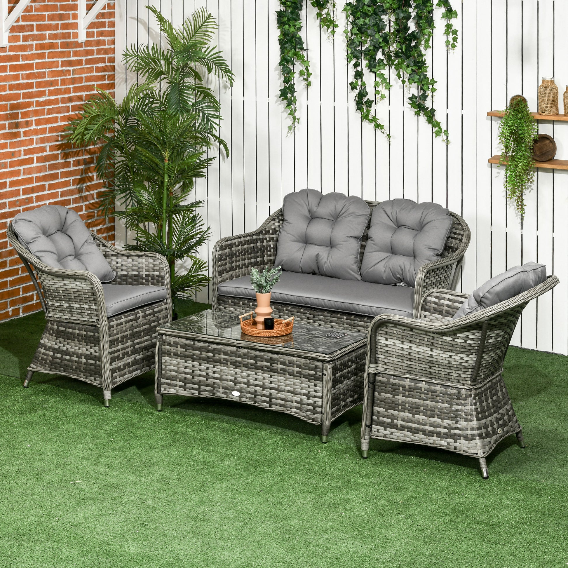 Capri Four-Piece Rattan Sofa Set, with Glass-Top Table - Mixed Grey