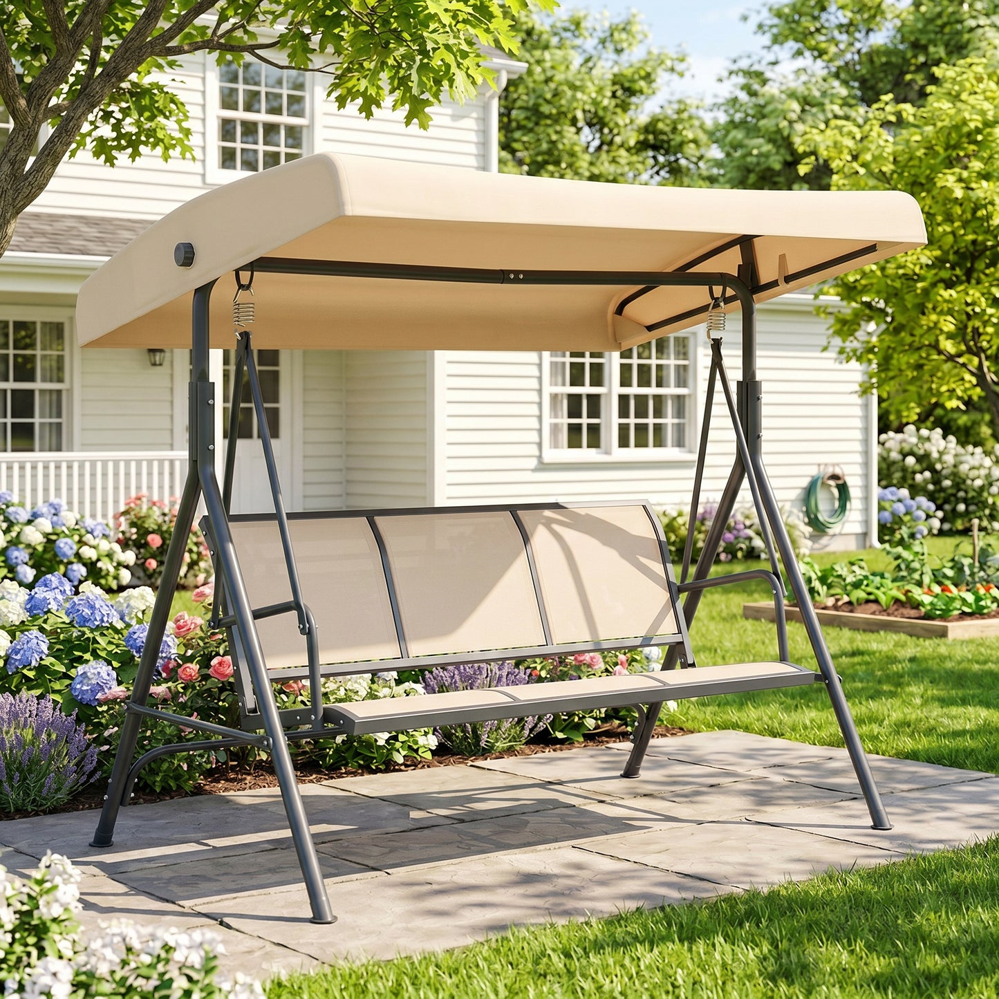 Outsunny 3 Seater Swing Chair, Garden Swing Bench with Adjustable Tilting Canopy, Breathable Mesh Seat and Heavy Duty Steel Frame for Patio, Yard, Beige