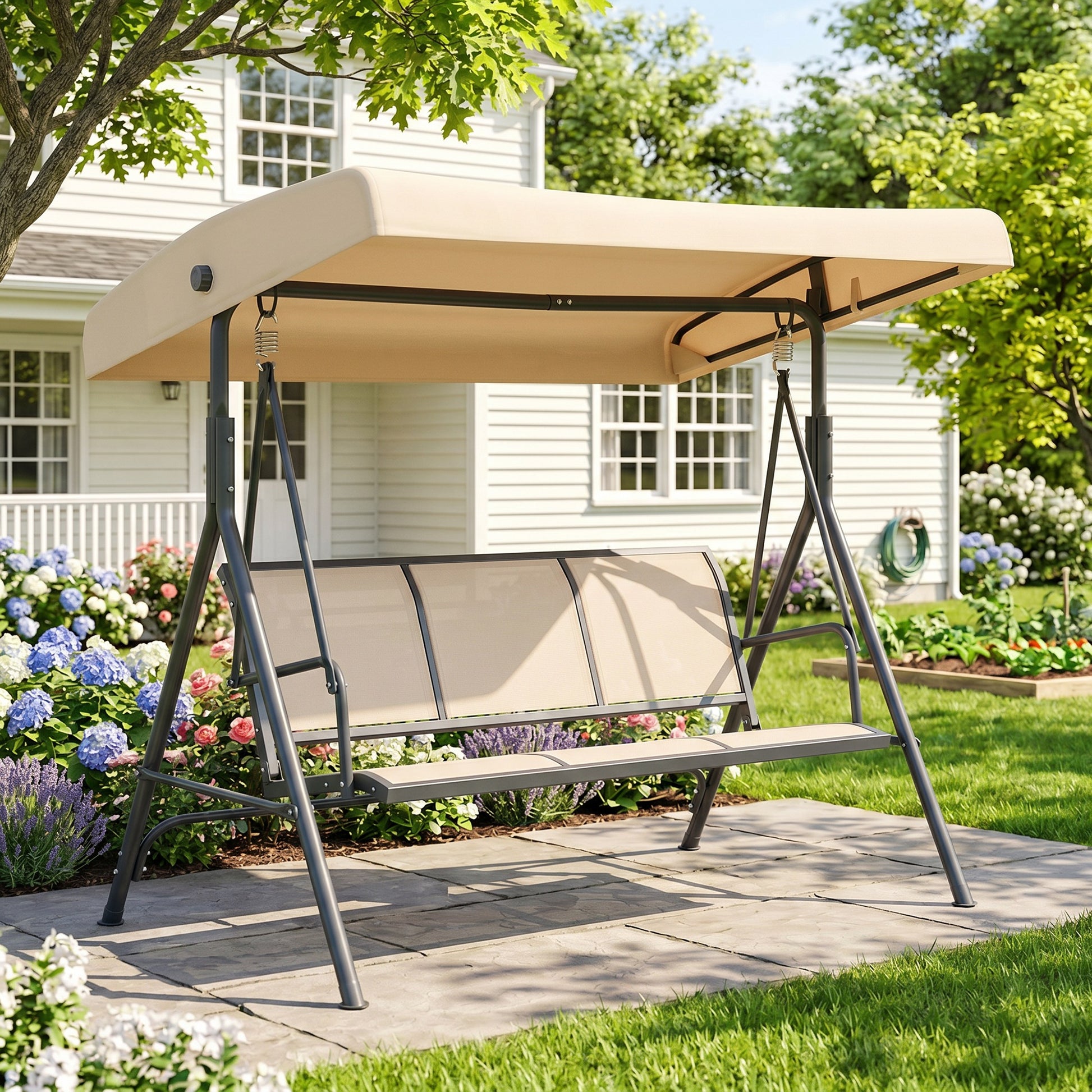 Outsunny 3 Seater Swing Chair, Garden Swing Bench with Adjustable Tilting Canopy, Breathable Mesh Seat and Heavy Duty Steel Frame for Patio, Yard, Beige