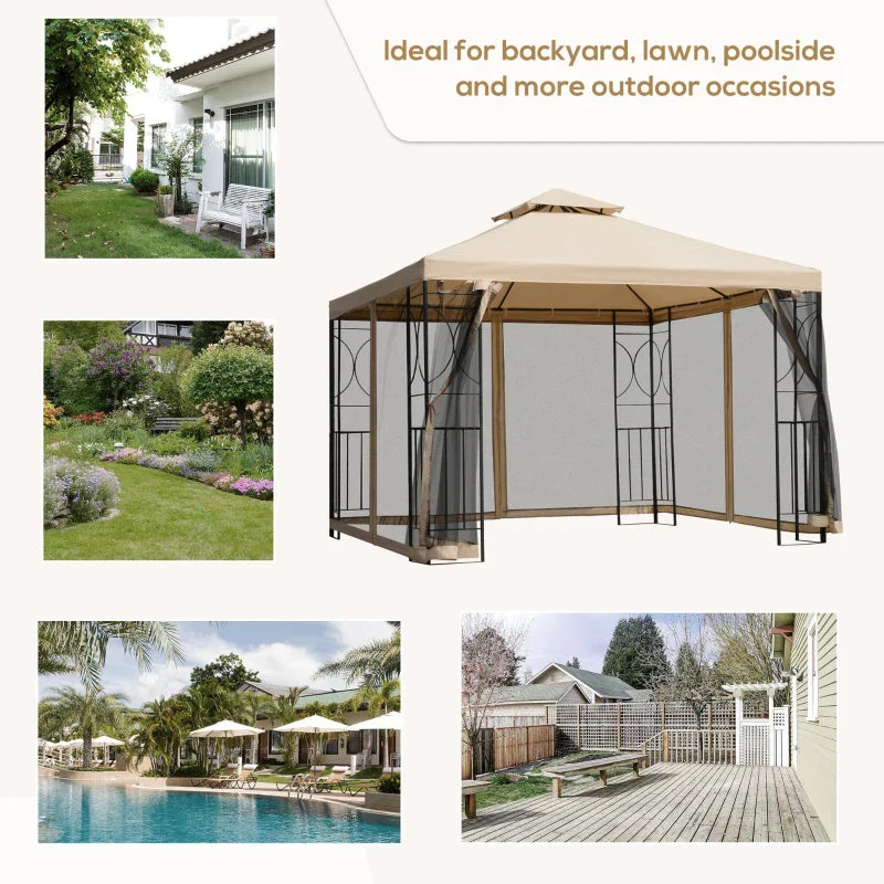 Beige 3m x 3m Hardtop Gazebo – Double Tier Roof Garden Shelter with Net Curtains and Storage Trays