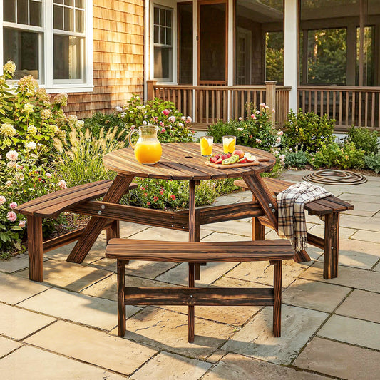 Wooden Garden Dining Set, 6 Seater Round Dining Picnic Table with Matching Bench, Garden Furniture Set with Parasol Hole for Outdoor Patio Party