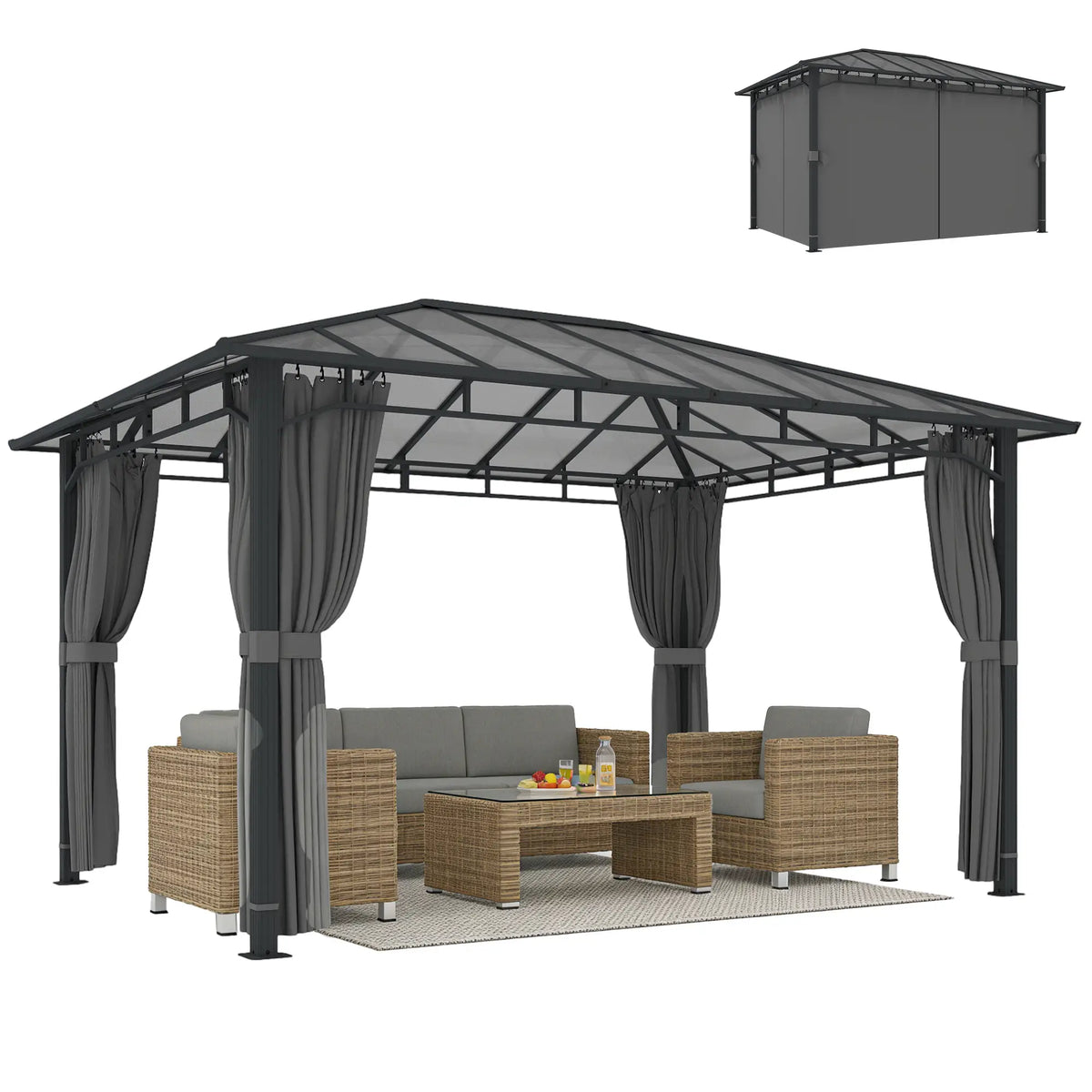 3m x 4m Hardtop Gazebo with 6mm Polycarbonate Roof, Aluminium Permanent Garden Pavilion with Curtains, Dark Grey Outdoor Patio Canopy for Sun, Rain...