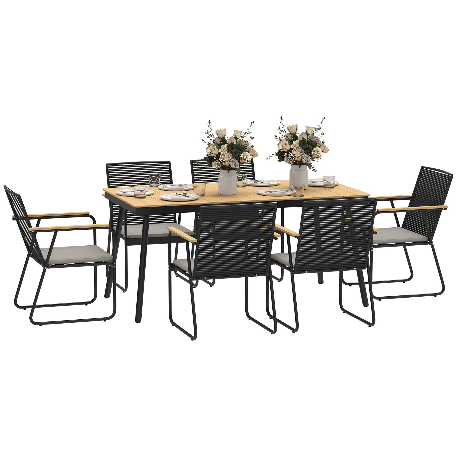 Outsunny 6‑Seater Garden Dining Set with Cushions, Rattan Backrest, Plastic Top, Garden Furniture Set, Natural Wood Finish