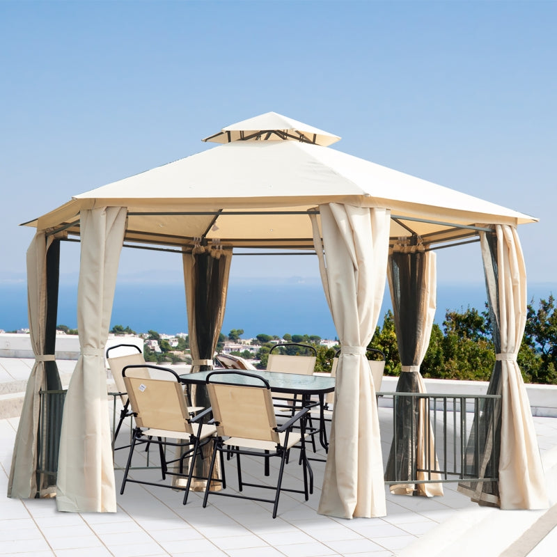 3m x 3m Beige Hexagonal Garden Gazebo with Curtains, Mesh Netting & Double-Tier Canopy