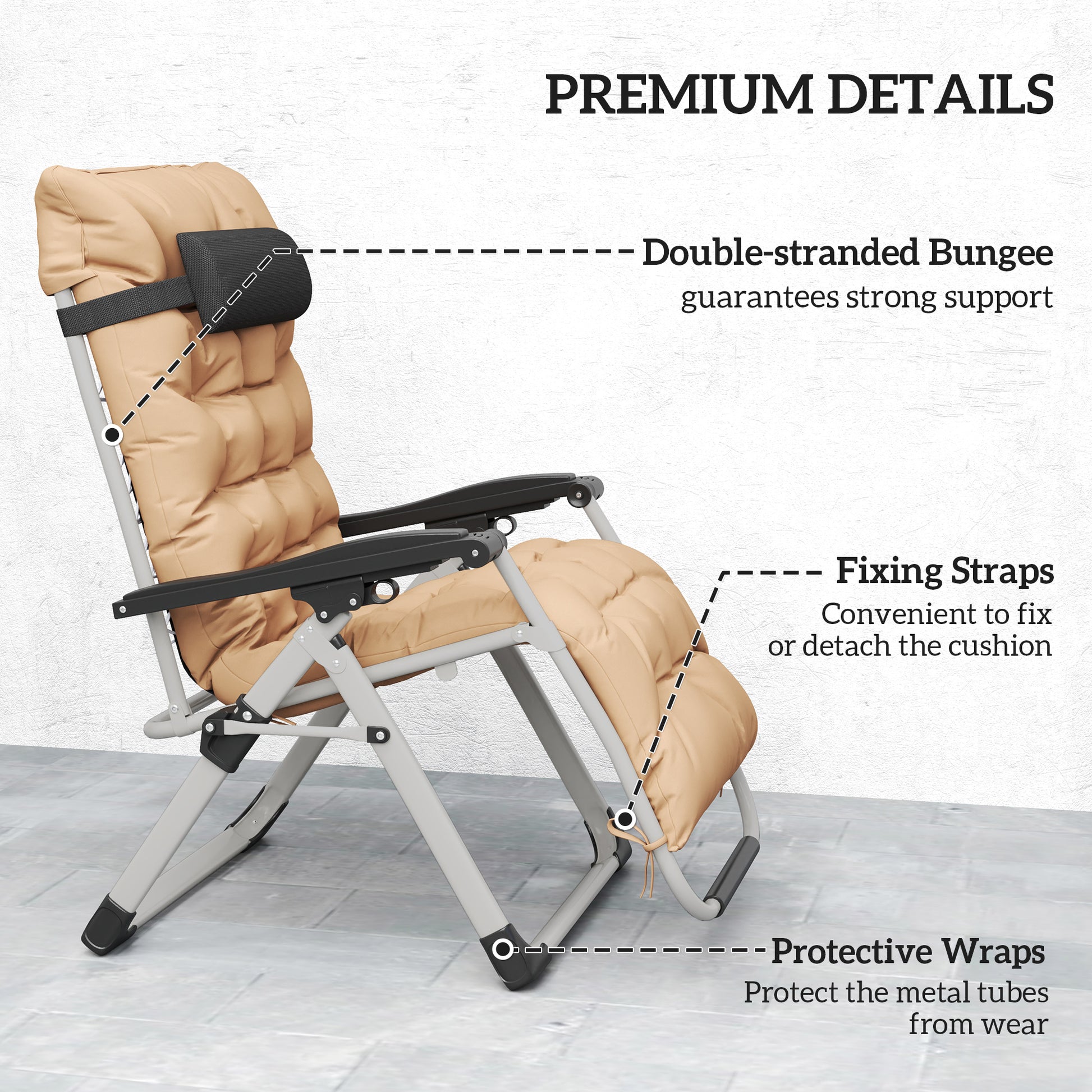 Outsunny 2 Piece Reclining Zero Gravity Sun Loungers with Cushions, Khaki