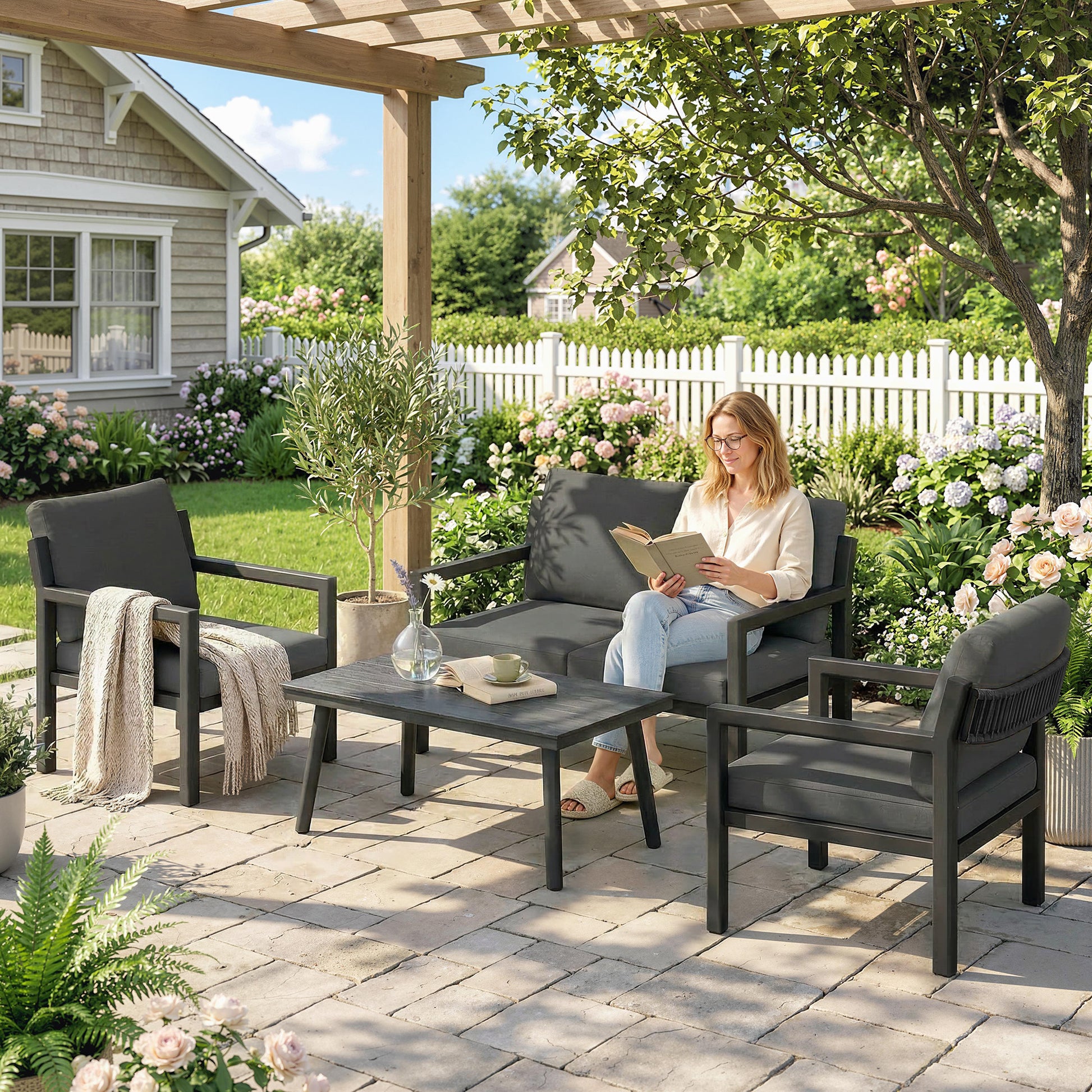 Outsunny 4 Seater Rattan Garden Furniture Set with 2 Armchairs, Loveseat, Coffee Table, Dark Grey