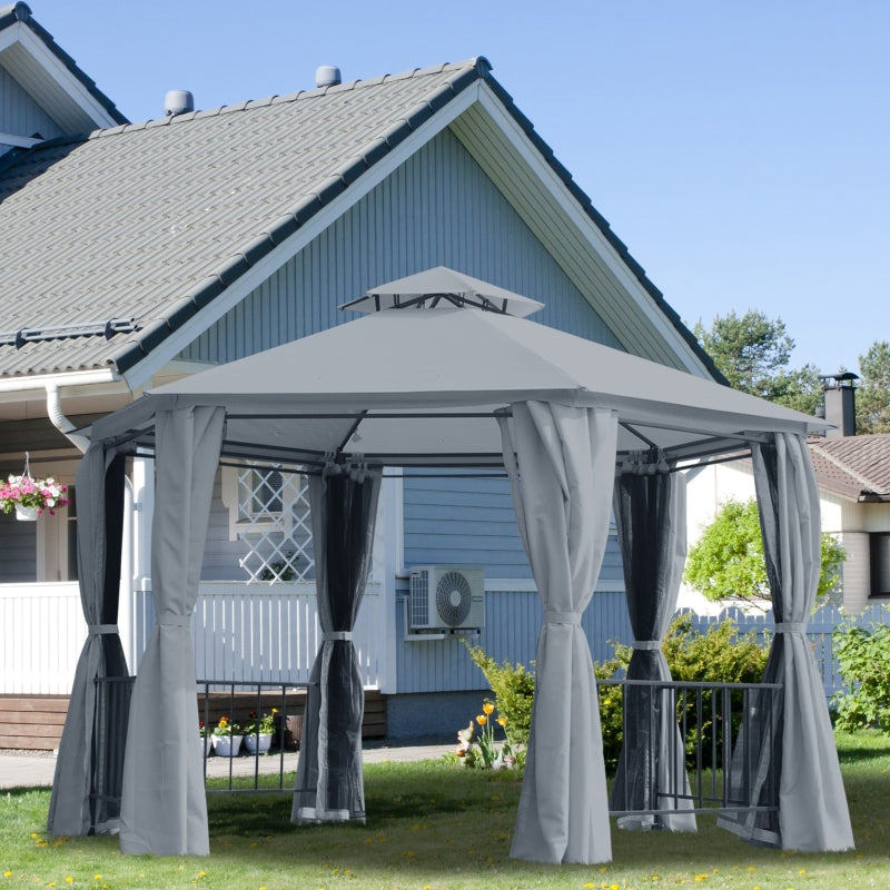 3m x 3m Hexagonal Garden Gazebo with Privacy Curtains & Mesh Insect Screens – Grey Steel Frame Pavilion
