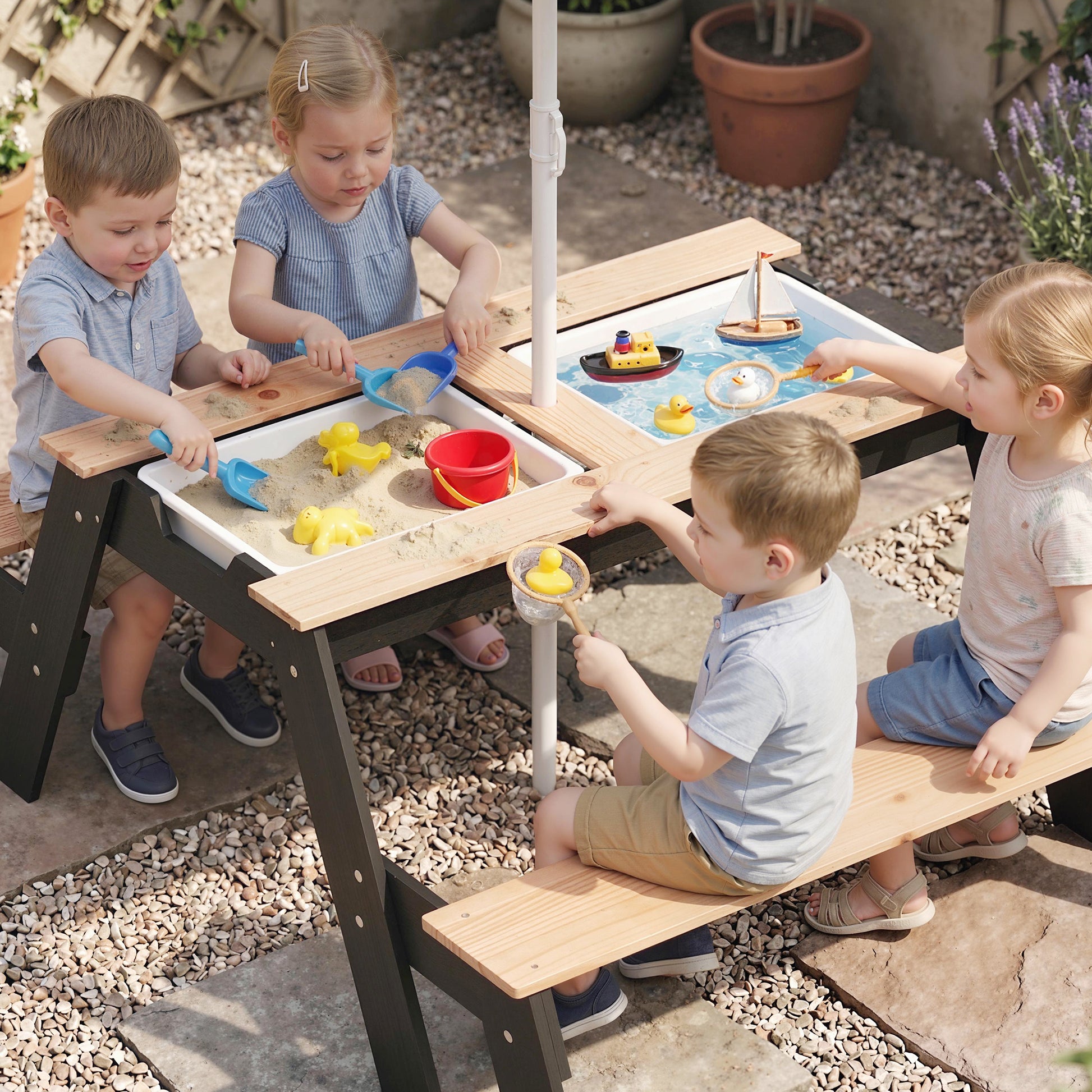 AIYAPLAY Kids Garden Furniture with Parasol, 3 in 1 Wooden Sand and Water Table with 2 Hidden Play Boxes for Patio, Ages 3-6