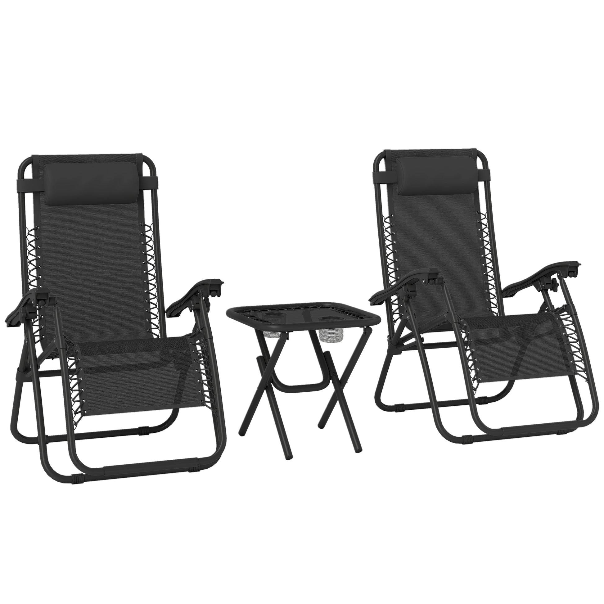 Outsunny Folding Zero Gravity Chairs, 3 Pieces Adjustable Sun Lounger and Table Set with Cup Holder and Headrest, Patio Bistro Set with Reclining Garden Chairs for Outdoor, Black