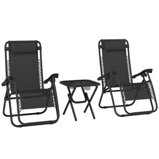 Outsunny Folding Zero Gravity Chairs, 3 Pieces Adjustable Sun Lounger and Table Set with Cup Holder and Headrest, Patio Bistro Set with Reclining Garden Chairs for Outdoor, Black