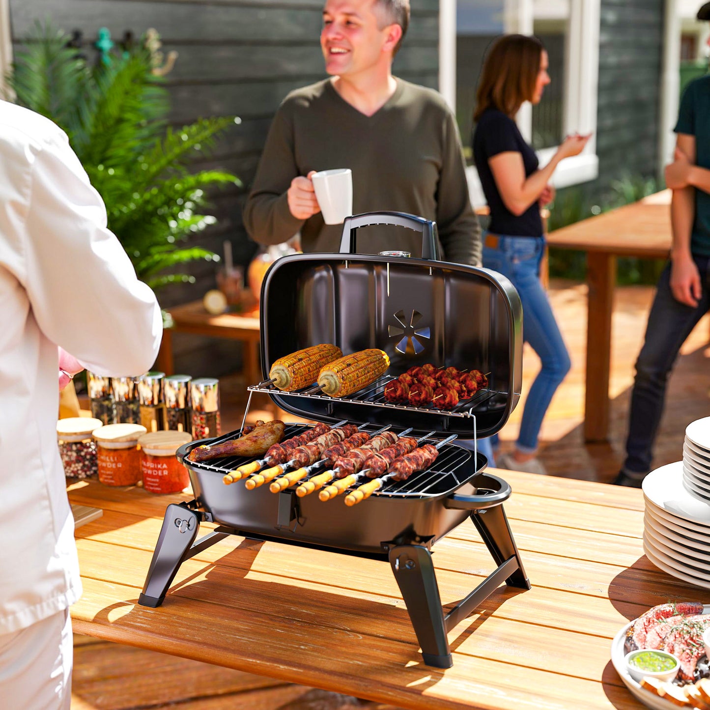 Charcoal Barbecue Grill Folding Portable BBQ for Camping with 1232 cm² Cooking Area, Adjustable Vent, Thermometer, Handles for Picnic, 59 x 37 x