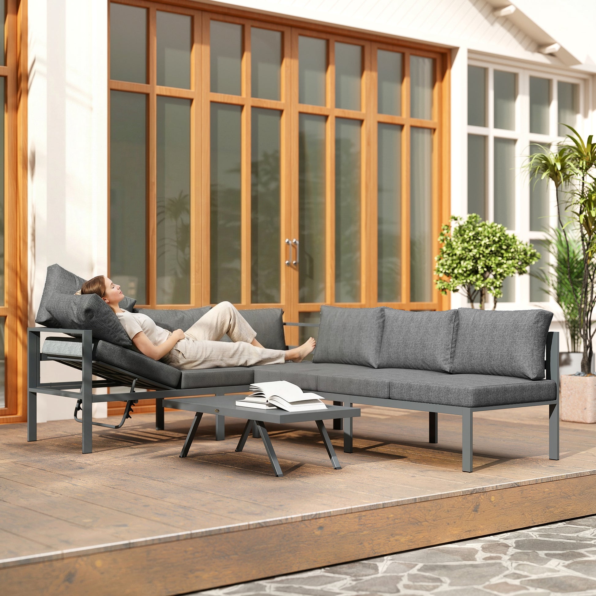 Outsunny 3 Pieces Garden Furniture Set, Aluminium Corner Lounge Set with Adjustable Backrest, Grey