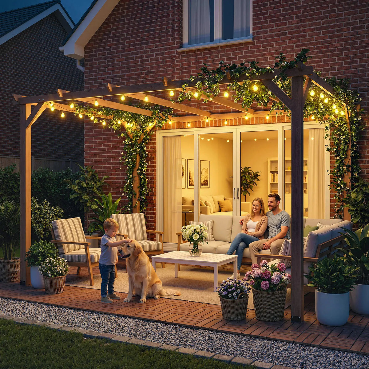 4x3m Wooden Pergola Kit with Triangle Supports – Garden Gazebo Grape Trellis Frame, 6-Beam Maple Wood-Effect Design